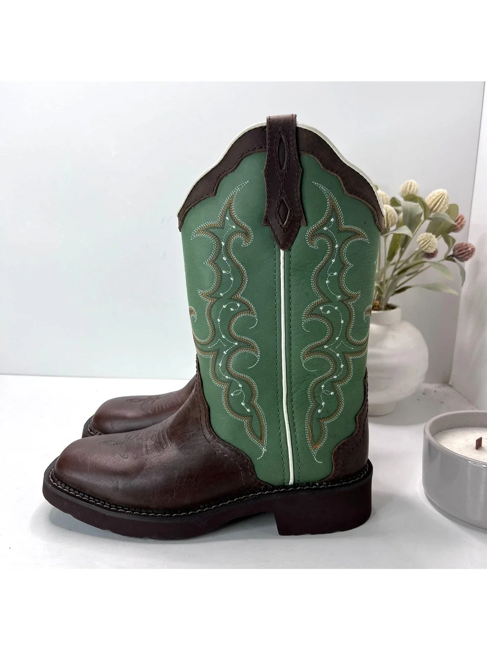 Justin Raya Western Distressed Square Toe Cowgirl Boot Brown Green Women 7B NWD